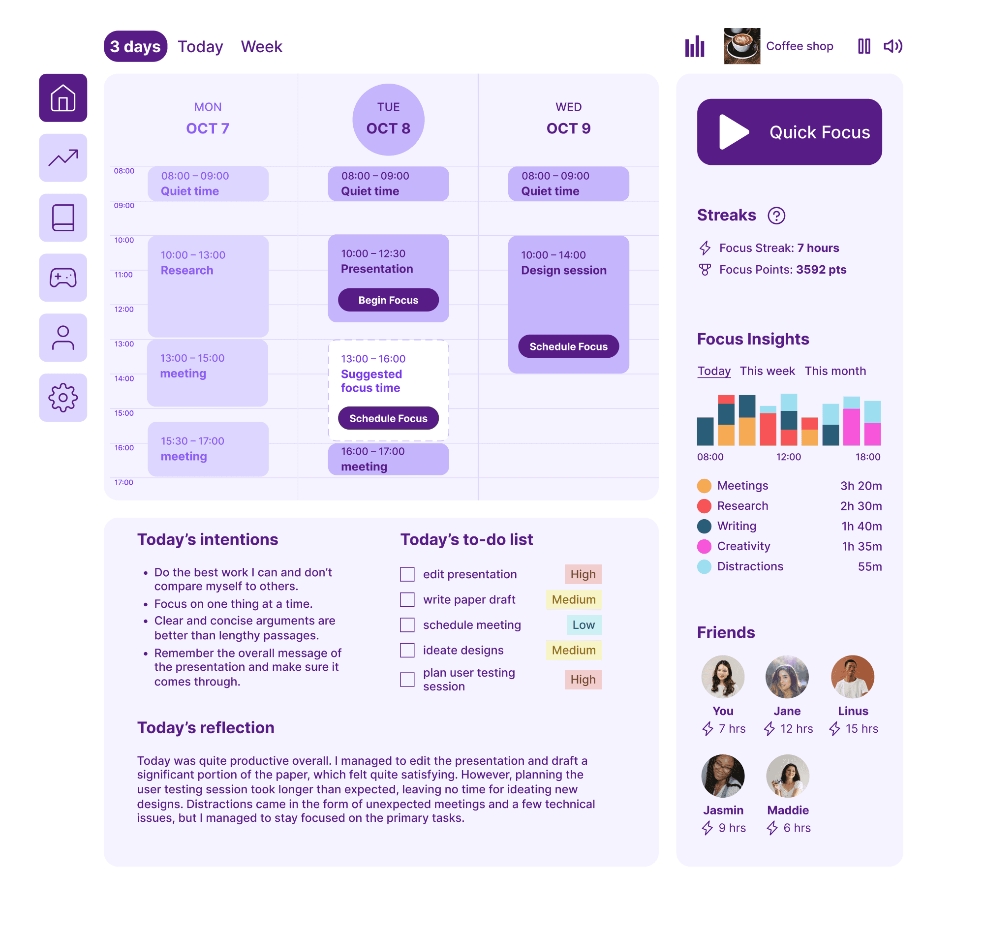 Deepflow app interface showing focus timer, device management, and blocklist features